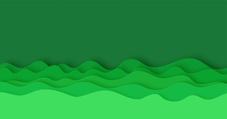 Wall Mural - Abstract green background in paper cut style. 3d layout wallpaper cut out from cardboard. Modern template with abstract curve shapes. Vector environmental card with papercut waves for business poster