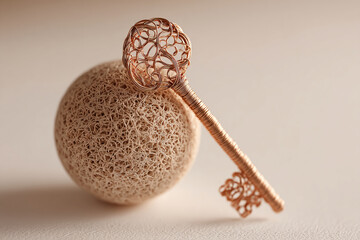 Poster - Close-up of ornate copper key resting on beige sphere, showcasing intricate wirework detail.  Symbolizes access, opportunity, or new beginnings. Free space for text
