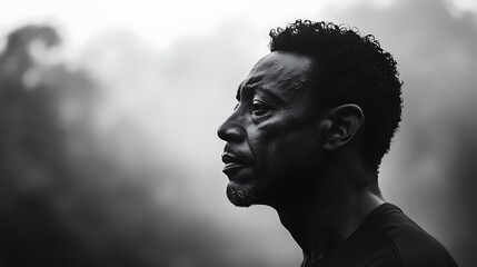 Contemplative Portrait Man in Black and White against Atmospheric Background