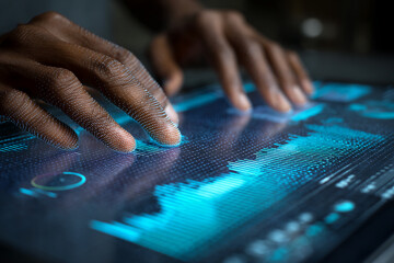 Poster - Close-up of dark brown fingers interacting with a digital tablet displaying cyan data visualization, showcasing technological interaction and data analysis