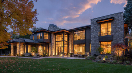 Poster - Modern house at dusk, illuminated windows, stone facade, autumnal foliage background, showcasing luxury home design, ideal for real estate or architecture marketing