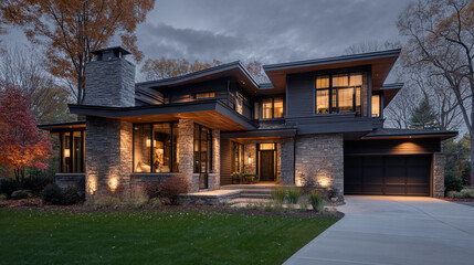 Poster - Modern house exterior at dusk, showcasing stone and dark wood siding, large windows, and illuminated landscaping, representing contemporary architecture and upscale living