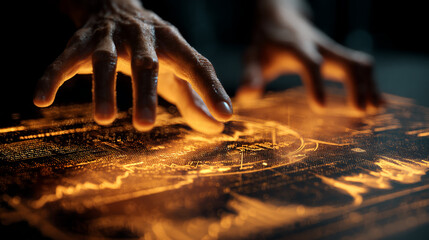 Aufkleber - Close-up of hands interacting with glowing amber interface, intricate details visible, suggesting technological advancement or futuristic control