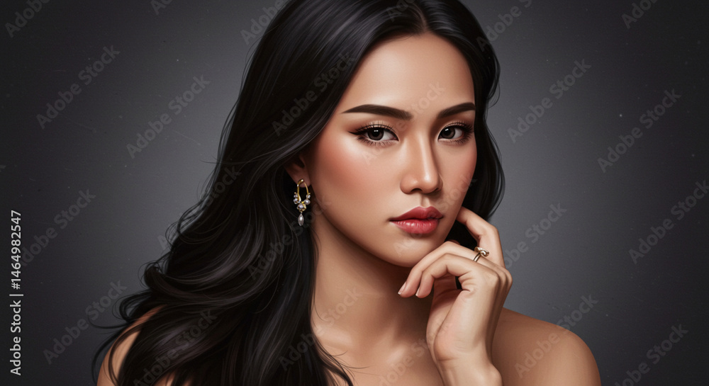 Elegant Woman Portrait with Jewelry Against a Dark Gray Backdrop