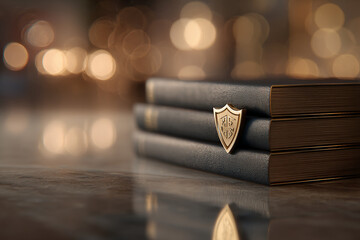 Aufkleber - Stack of dark-blue books with gold shield emblem, displayed on reflective surface against blurred lights, showcasing security, knowledge, or luxury