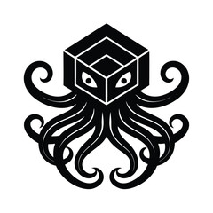 Poster - Abstract black and white octopus creature with cube head a modern stylish logo design