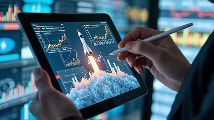 Poster - Person Holding Tablet with Rocket Launch and Data Analytics on Screen