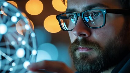 Poster - Close-Up of Man Analyzing Digital Network Data with Futuristic Visualization Technology