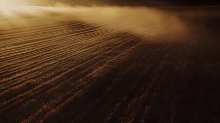 Poster - A serene rural landscape of a plowed agricultural field with intricate furrow patterns bathed in the warm glow of a setting sun