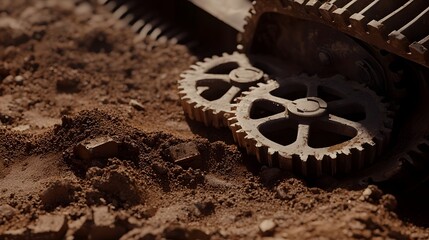 Poster - closeup view of old rusted metal gears and parts lying in the dirt of an abandoned industrial or wor