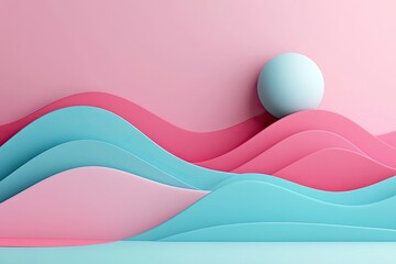 Poster - Abstract, pastel-colored, 3D-rendered waves and sphere