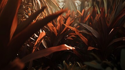 Poster - A close up view of a dense and thriving tropical plant showcasing the intricate textures rich colors and natural patterns of its vibrant foliage