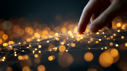 Poster - Fingertip gently touches illuminated network, golden lights bokeh background, symbolizing connection, innovation, and digital interaction