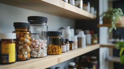 Variety of Medication Pills and Capsules in Pill Bottles on Wooden Shelves