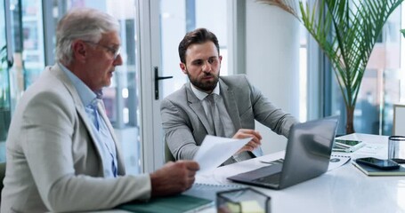 Fototapete - Meeting, review and men with laptop, discussion and research for stock market, online and colleagues. Business, boss and employee with tech for financial trends, talking and investment opportunity