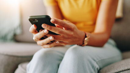Poster - Typing, home and hands of person with phone for connection, social media and networking. Living room, closeup and girl on smartphone for website search, internet and communication for online chat