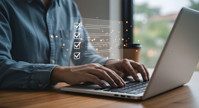 El hombre de negocios usa un bolígrafo para marcar la casilla de verificación correcta para la lista de control de documentos de calidad y el concepto de proyecto de aprobación empresarial.
