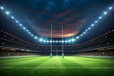 Dramatic stadium interior rendering of a rugby field at night illuminated by bright lights