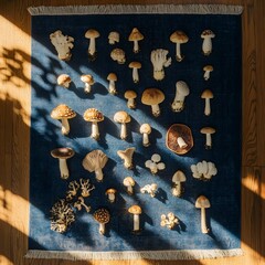 Poster - A diverse collection of different mushroom specimens arranged and displayed in a rustic natural setting with interesting textures patterns and shadows