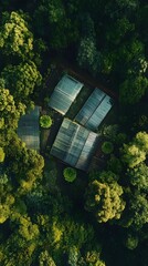 Poster - An overhead panoramic view of a greenhouse structure surrounded by a dense thriving forest canopy creating a harmonious of natural and man made elements