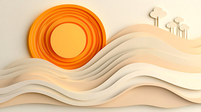 Elegant Cream Landscape with Embossed Hills and Orange Sunset