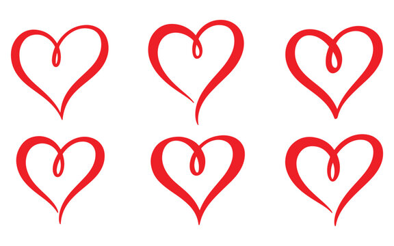 Colleciton of hand drawn calligraphy style heart of love symbol vector illustration on white background. Valentine's Day love icon set design element