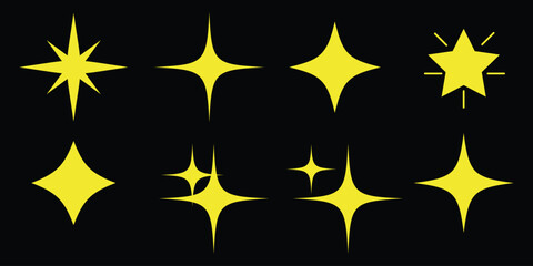 Collection of Bright Yellow Sparkle Star Icons on Black Background. sparkle star icon set vector illustration