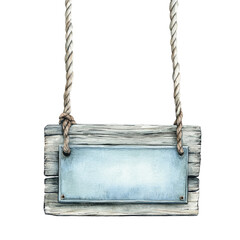 Poster - Watercolor painting of weathered wooden sign hanging from nautical rope