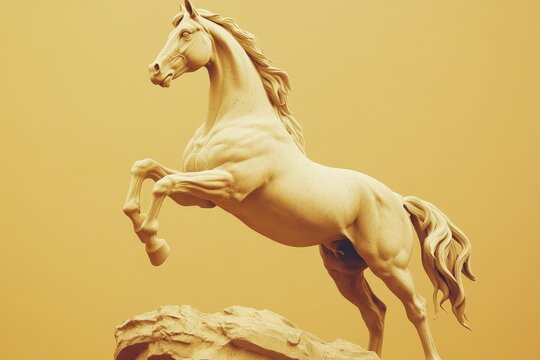 A light-toned leaping horse sculpture set against a pale background.