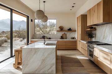 modern minimalist kitchen interior design with wood cabinets and marble countertops in desert settin