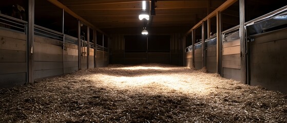 Poster - A warm and peaceful interior of a traditional wooden barn with stalls lined with soft golden hay for the comfort and shelter of
