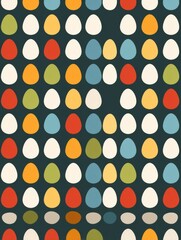 Poster - Colorful Symmetrical Flat Pattern Featuring Small Egg Icons in Various Hues on a Dark Background Generative AI