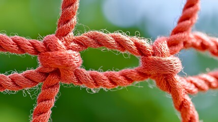 Close Up of Red Rope Netting with Knots and Green Background