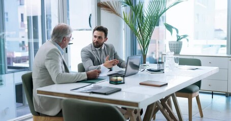 Aufkleber - Office, meeting and men with laptop, discussion and review of stock market for investment opportunity. Business, boss and employee with tech for financial trends, research and people with documents