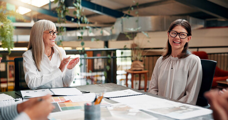 Poster - creative, happy and business people with applause in meeting for success, promotion and victory. off