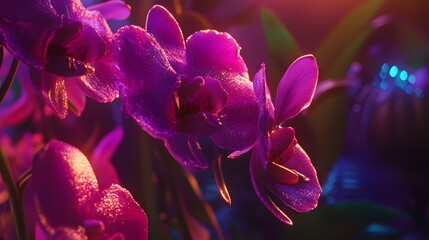 Poster - Close up of delicate vibrant orchid flowers blooming in a lush natural environment