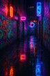 © Robert Anto - Urban Alley with Neon Graffiti Walls and Reflections on Rain-Wet Pavement