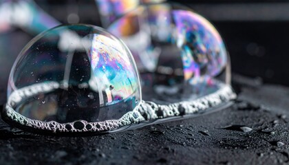 Poster - Captivating soap bubbles forming on a black surface macro photography indoor setting artistic perspective visual wonder