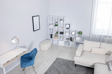 Aufkleber - Comfortable sofa, shelving unit, table and armchair in living room, above view