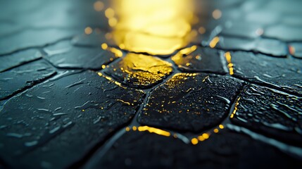 Fototapete - Dark Wet Cobblestone Texture with Gold Light Reflection