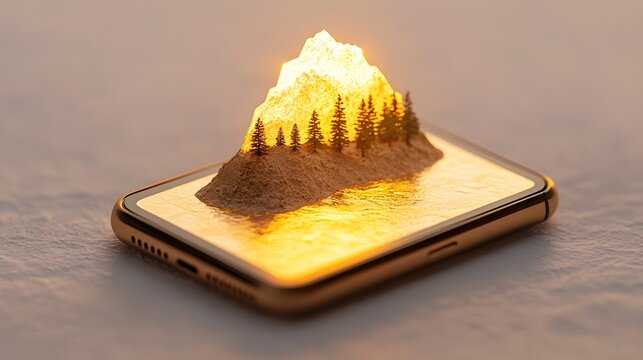 Miniature Mountain Landscape on Smartphone Screen at Sunset