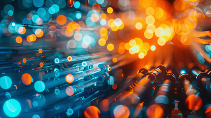Fototapete - Fiber optics transferring data creating a blurry background with orange and blue lights