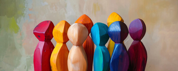 Poster - Diverse and inclusive group of colorful wooden figures standing together