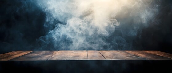 Poster - A wooden table stands alone in a dimly lit atmospheric setting its surface shrouded in a hazy veil of mist and swirling smoke creating a moody and captivating scene
