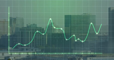 Aufkleber - neon-green line chart being overlaid on city skyline, highlighting fluctuating data points on grid