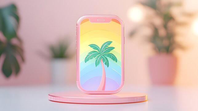 Pastel Pink Phone Mockup with Pixel Art Palm Tree