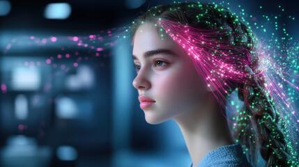 Poster - Young woman with braided hairstyle showcases glowing fiber optic effects, creating mesmerizing visual. vibrant colors and ethereal glow enhance futuristic atmosphere