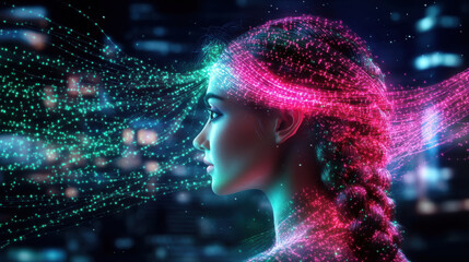 Aufkleber - Braided hairstyle infused with glowing fiber optic effects creates mesmerizing visual. vibrant colors and dynamic light patterns evoke sense of wonder and innovation