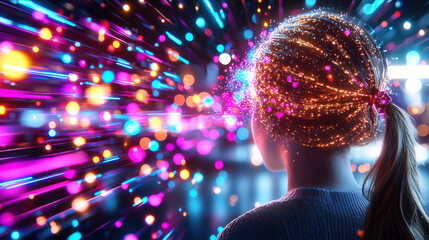 Fototapete - Creative digital artwork featuring person with braided ponytail, surrounded by vibrant, colorful lights and sparkles, conveying sense of wonder and imagination