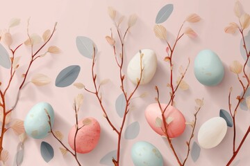 Aufkleber - Floating Pastel Eggs Amongst Delicate Branches in a Serene Spring Setting Generative AI